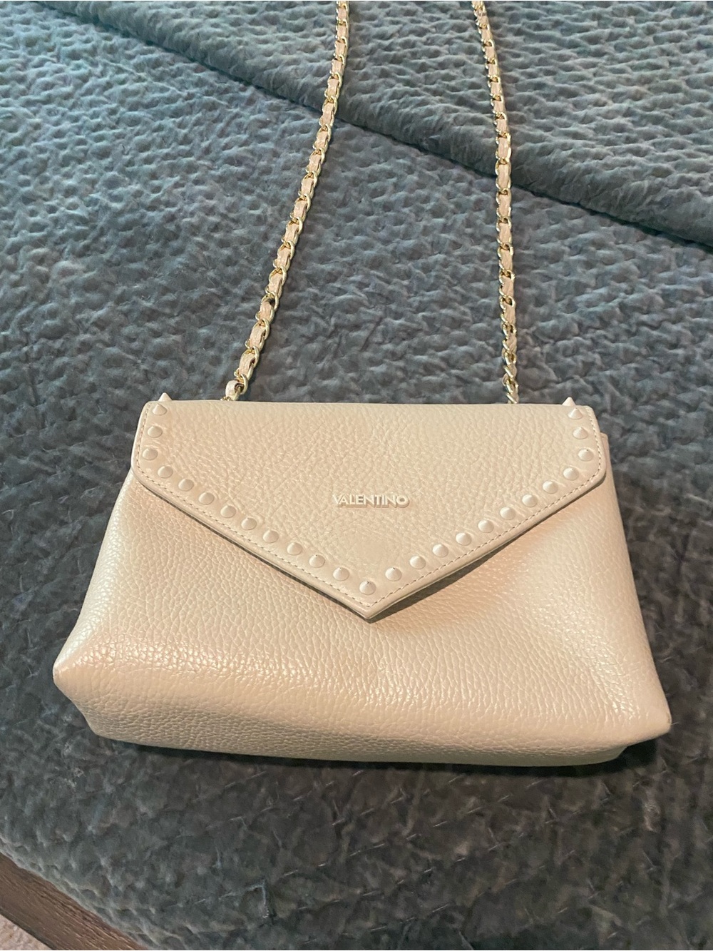 Valentino By Mario Valentino Cream Pebbled Leather Stud Envelope Crossbody